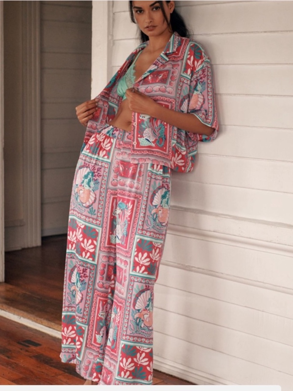 PrintFresh Tidal Tape Mermaid Pajama SET Cropped Top Wide Leg Pant Whimsey XXS